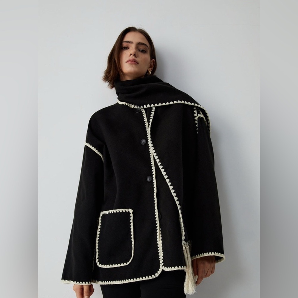 Contrast Trim Coat with scarf